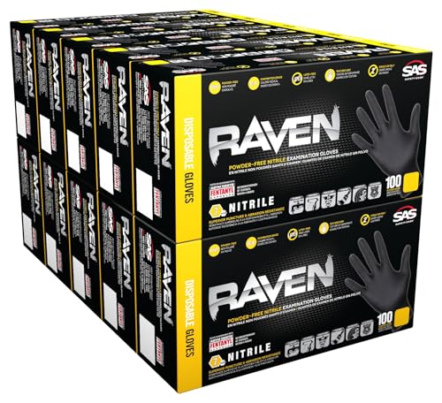 Raven SAS Safety 66518 6 mil Black Nitrile Disposable Gloves 7 Mil - Large - 10 Pack(100 Gloves per Box)