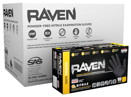 Raven SAS Safety 66518 6 mil Black Nitrile Disposable Gloves 7 Mil - Large - 10 Pack(100 Gloves per Box)