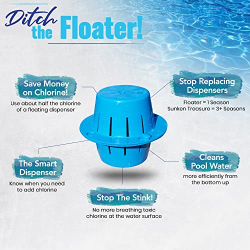 Sinking Floating Pool Chlorine Dispenser, Sinks - Cleans - Floats, Uses Less Chlorine, Less Chlorine Odor, Replaces Pool Chlorine Floater - The Sunken Treasure (Light Blue)