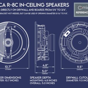 Micca Reference Series R-8C 2-Way in Ceiling in Wall Speaker, 8 Inch Woofer, 1-Inch Pivoting Aluminum Dome Tweeter, Tone Controls, 9.5-Inch Cutout Diameter, Each, White