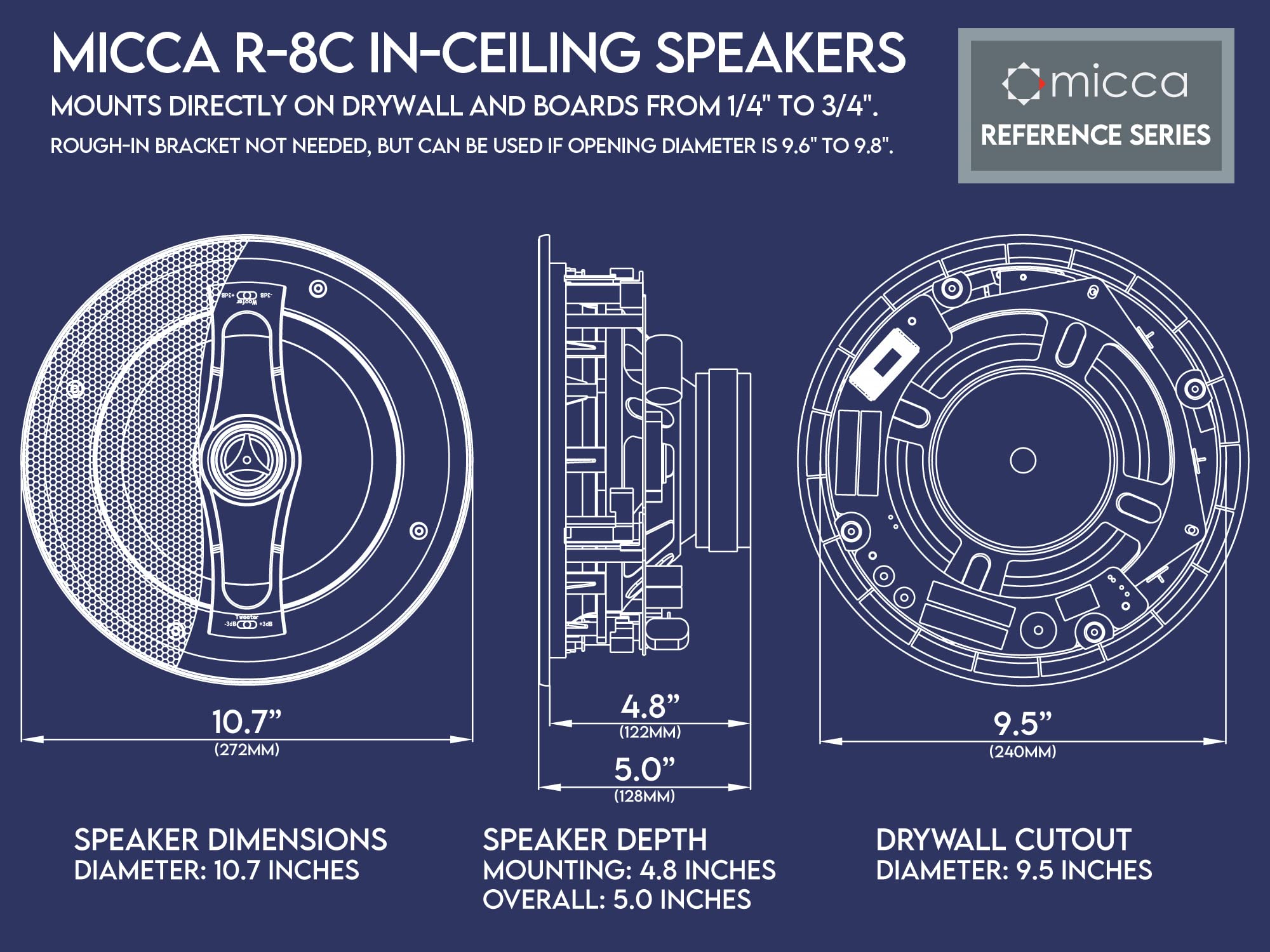 Micca Reference Series R-8C 2-Way in Ceiling in Wall Speaker, 8 Inch Woofer, 1-Inch Pivoting Aluminum Dome Tweeter, Tone Controls, 9.5-Inch Cutout Diameter, Each, White