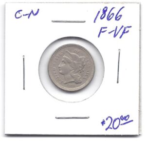 reedersong 1866 three-cent f-vf copper-nickel piece coin