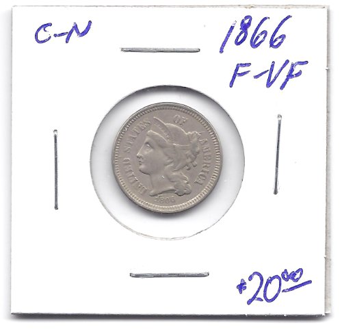 REEDERSONG 1866 Three-Cent F-VF Copper-Nickel Piece Coin