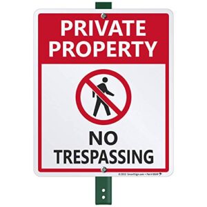 smartsign no trespassing signs private property, 10 x 12 inches aluminum sign with 3 feet stake