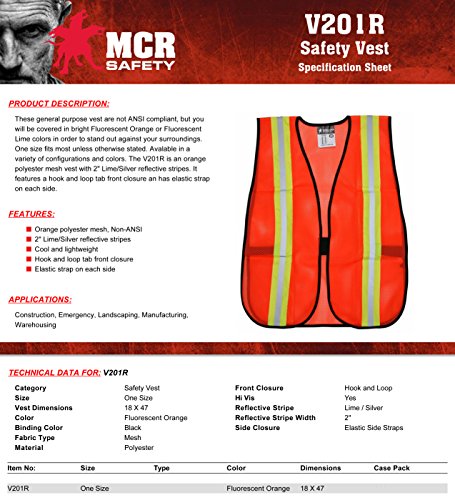 MCR Safety V201R Polyester Mesh General Purpose Safety Vest with 2-Inch Lime/Silver Reflective Stripe, Fluorescent Orange