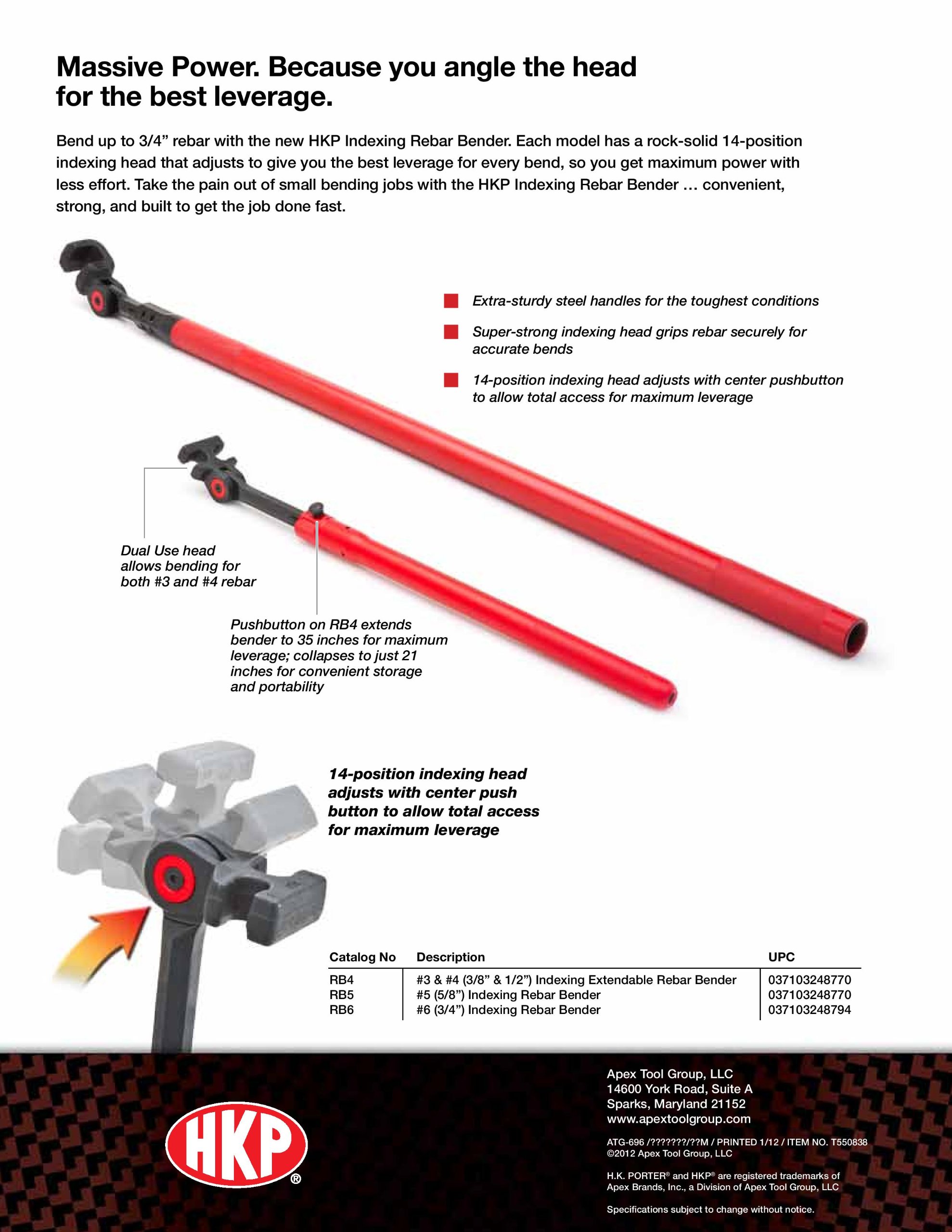 Crescent H.K. Porter 3/8" (3) and 1/2" (4) Extendable Indexing Rebar Bender, RB4, Red/Black