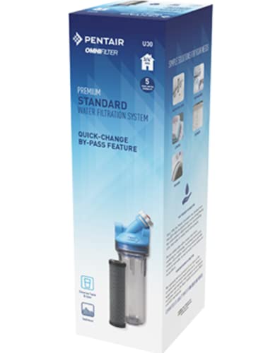 Pentair OMNIFilter U30 Filter System, 10" Premium Standard Water Filtration System with Bypass Valve-in-Head, 3/4" NPT, Includes Clear Housing, T01 Cartridge, Wrench and Mounting Bracket, 5 Micron