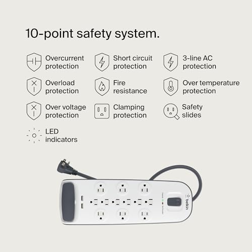 Belkin USB Power Strip Surge Protector - 12 AC Multiple Outlets & 2 USB Ports - 6 ft Long Flat Plug Extension Cord for Home, Office, Travel, Computer Desktop & Charging Brick - White (3,996 Joules)