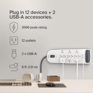 Belkin USB Power Strip Surge Protector - 12 AC Multiple Outlets & 2 USB Ports - 6 ft Long Flat Plug Extension Cord for Home, Office, Travel, Computer Desktop & Charging Brick - White (3,996 Joules)