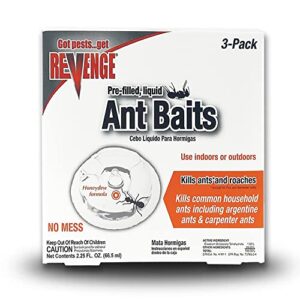 revenge pack of 3 liquid ant bait stations, ready-to-use indoors & outdoors, kills ants & roaches, no mess trap