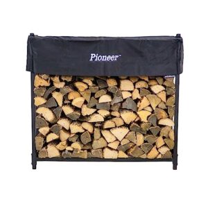 woodhaven pioneer 4' firewood rack with cover - black - steel outdoor log holder with cover - made in the usa - powder coat finish