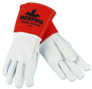 mcr safety 4840l red ram premium grade grain goatskin mig/tig welder gloves with 5-inch russet split bell cow cuff, yellow, large, 1-pair