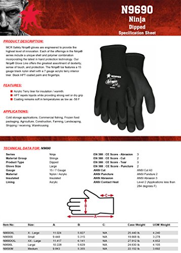 MCR Safety N9690S Ninja Ice 15 Gauge Black Nylon Cold Weather Glove, Acrylic Terry Inner, HPT Palm and Fingertips, Small, 1 Pair