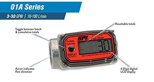 GPI 113255-1, (GALLONS) 01A31GM Aluminum Turbine Fuel Flowmeter with Digital LCD Display, 3-30 GPM, 1-Inch FNPT Inlet/Outlet, 0.75-Inch Reducer Bushings, ±5% Accuracy