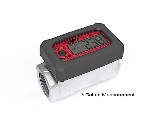 GPI 113255-1, (GALLONS) 01A31GM Aluminum Turbine Fuel Flowmeter with Digital LCD Display, 3-30 GPM, 1-Inch FNPT Inlet/Outlet, 0.75-Inch Reducer Bushings, ±5% Accuracy