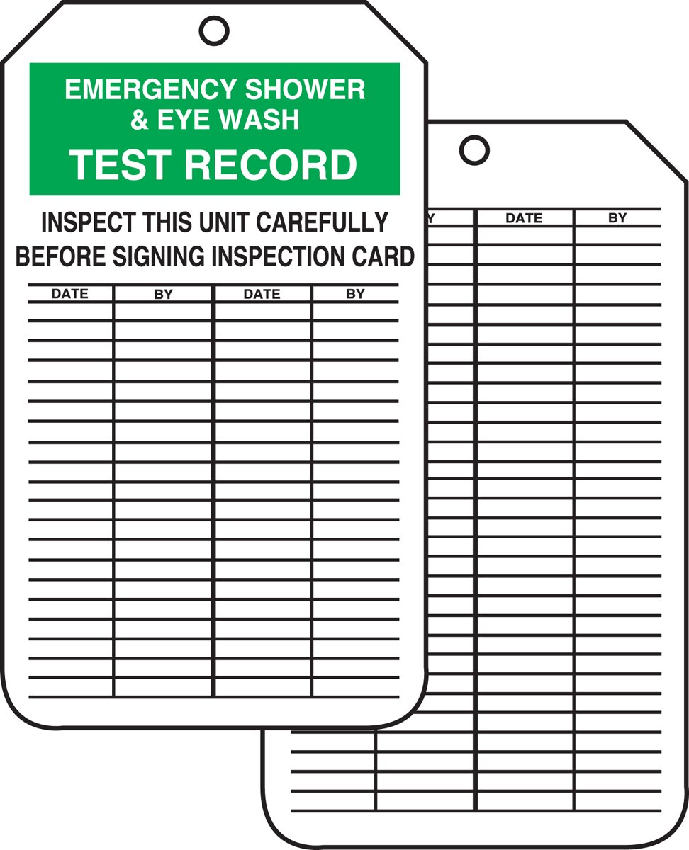 Accuform Signs MGT207CTP Inspection Record Tag, Legend "Emergency Shower & Eye WASH Test Record", 5.75" Length x 3.25" Width x 0.010" Thickness, PF-Cardstock, Green/Black on White (Pack of 25)