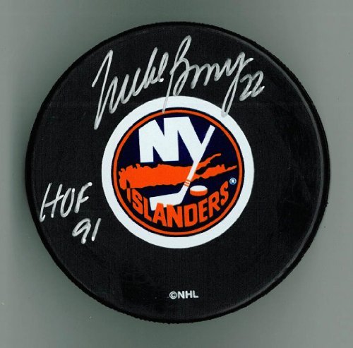 Mike Bossy Autographed Islanders Puck w/ "HOF" #4