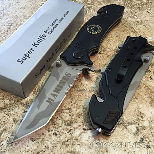 #2 Black MARINES SPRING ASSIST RESCUE POCKET KNIFE CAMO TANTO BLADE WITH GLASS BREAKER