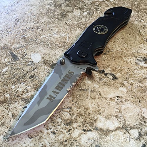#2 Black MARINES SPRING ASSIST RESCUE POCKET KNIFE CAMO TANTO BLADE WITH GLASS BREAKER