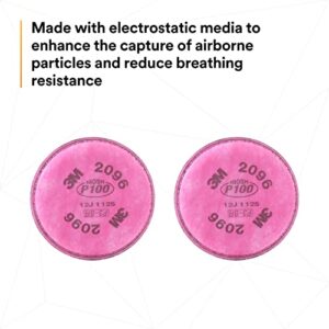 3M P100 Respirator Filter 2096, 1 Pair, Helps Protect Against Oil and Non-Oil Based Particulates, Nuisance Level Acid Gas Relief, Dust, Fumes, and Mists.
