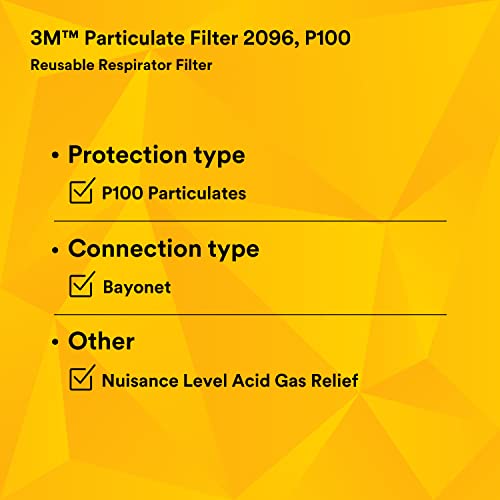 3M P100 Respirator Filter 2096, 1 Pair, Helps Protect Against Oil and Non-Oil Based Particulates, Nuisance Level Acid Gas Relief, Dust, Fumes, and Mists.