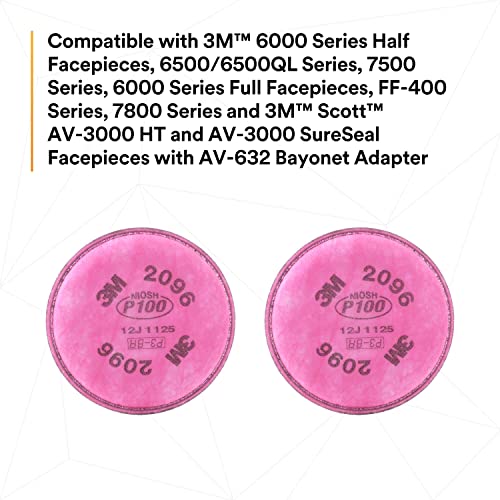 3M P100 Respirator Filter 2096, 1 Pair, Helps Protect Against Oil and Non-Oil Based Particulates, Nuisance Level Acid Gas Relief, Dust, Fumes, and Mists.