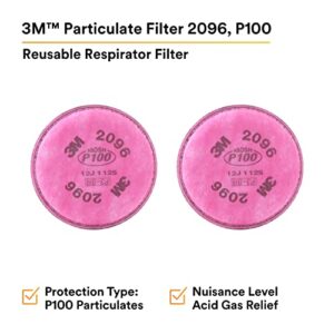 3M P100 Respirator Filter 2096, 1 Pair, Helps Protect Against Oil and Non-Oil Based Particulates, Nuisance Level Acid Gas Relief, Dust, Fumes, and Mists.