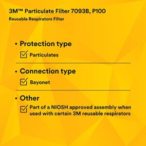 3M Personal Protective Equipment P100 Respirator Filter 7093B, 1 Pair, Helps Protect Against Oil and Non-Oil Based Particulates, Asbestos, Mold, Silica, Grinding, Sanding, Welding