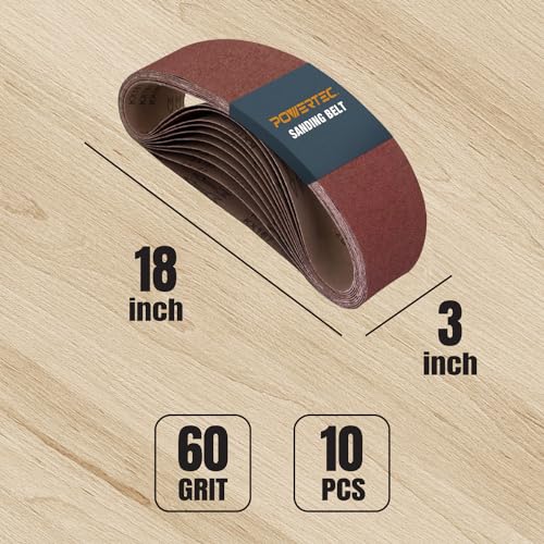 POWERTEC 110800 3 x 18 Inch Sanding Belts, 60 Grit Aluminum Oxide Belt Sander Sanding Belt for Portable Belt Sander, Wood & Paint Sanding, Metal Polishing, 10PK