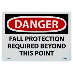 nmc d528rb – danger – fall protection required beyond this point – 14 in. x 10 in. plastic danger sign with white/black text on red/white base