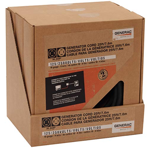 Generac 6328 25-Foot 30-Amp Generator Cord with NEMA L14-30 Ends for Maximum 7,500 Watt Generators - Reliable Power Connection for Your Generator