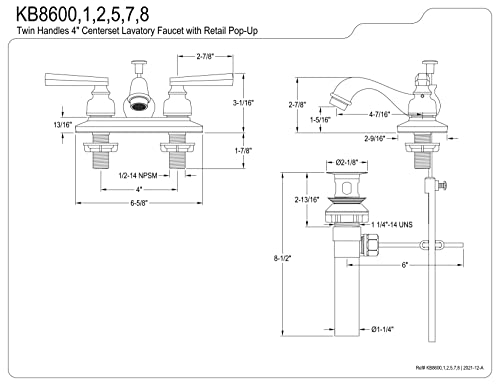 Kingston Brass KB8602 Royale 4" Centerset Bathroom Faucet, 4-1/2 inch Spout Reach, Polished Brass