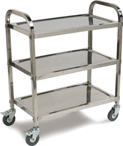 carlisle foodservice products utility cart wheeled cart with 3 shelves for office, restaurant, hotel, and hospital, stainless steel, 17.25 x 29.5 inches, gray