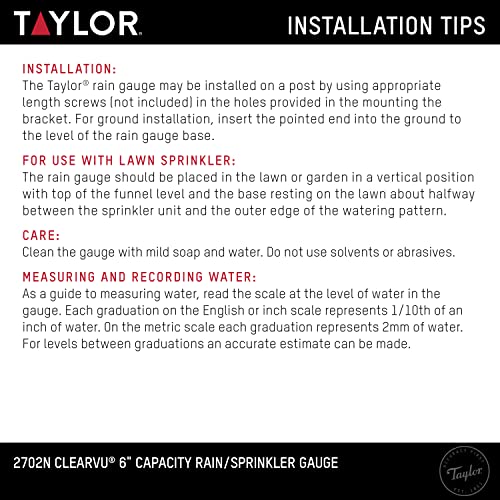 Taylor ClearVu Rain and Sprinkler Gauge, 6 Inch Capacity, Clear