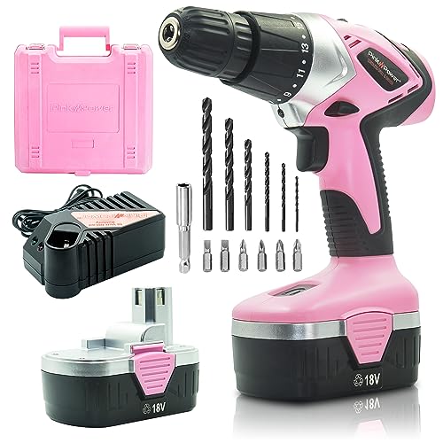 Pink Power Drill Set for Women 18V Pink Cordless Drill Driver Tool Kit for Women Electric Drill, Power Drill Set with Tool Case, Battery, Charger & Drill Bit Set - Lightweight Screwdriver Drill