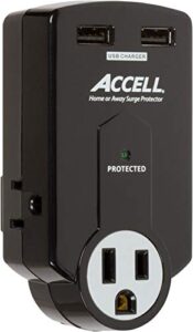 accell power travel surge protector - 3 outlets, 2 usb charging ports (2.1a output), folding plug - black, 612 joules, etl listed