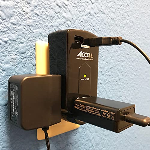 Accell Power Travel Surge Protector - 3 Outlets, 2 USB Charging Ports (2.1A Output), Folding Plug - Black, 612 Joules, ETL Listed