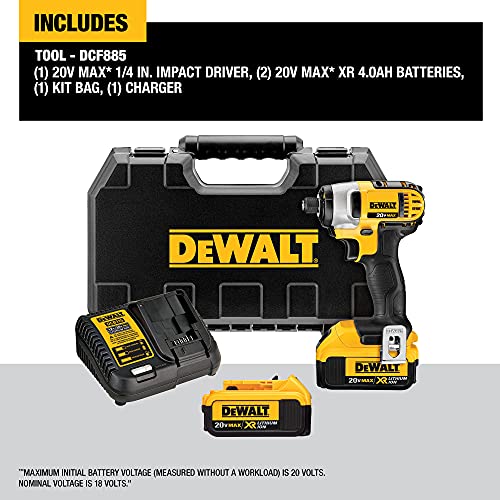 DEWALT 20V MAX* Impact Driver Kit, 4.0-Ah, 1/4-Inch (DCF885M2)