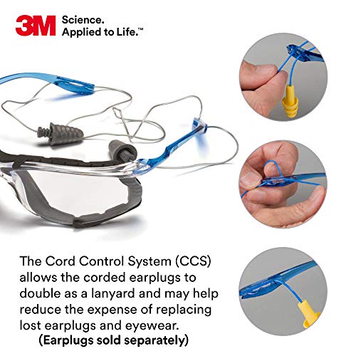 3M Safety Glasses, Virtua CCS, ANSI Z87, Anti-Fog, Clear Lens, Blue Frame, Corded Ear Plug Control System, Removable Foam Gasket