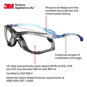 3M Safety Glasses, Virtua CCS, ANSI Z87, Anti-Fog, Clear Lens, Blue Frame, Corded Ear Plug Control System, Removable Foam Gasket