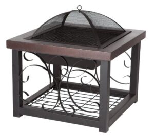 fire sense 61331 fire pit cocktail square table wood burning steel mesh spark screen wood grate screen lift steel firepit with log storage rack - hammer tone bronze finish