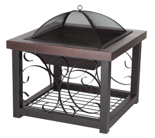 Fire Sense 61331 Fire Pit Cocktail Square Table Wood Burning Steel Mesh Spark Screen Wood Grate Screen Lift Steel Firepit with Log Storage Rack - Hammer Tone Bronze Finish