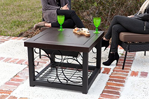 Fire Sense 61331 Fire Pit Cocktail Square Table Wood Burning Steel Mesh Spark Screen Wood Grate Screen Lift Steel Firepit with Log Storage Rack - Hammer Tone Bronze Finish