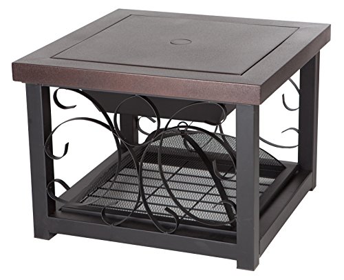 Fire Sense 61331 Fire Pit Cocktail Square Table Wood Burning Steel Mesh Spark Screen Wood Grate Screen Lift Steel Firepit with Log Storage Rack - Hammer Tone Bronze Finish