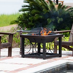 Fire Sense 61331 Fire Pit Cocktail Square Table Wood Burning Steel Mesh Spark Screen Wood Grate Screen Lift Steel Firepit with Log Storage Rack - Hammer Tone Bronze Finish