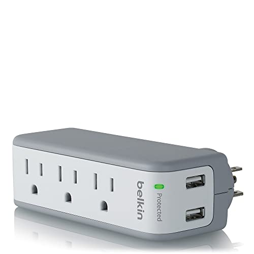 Belkin Wall Mount Surge Protector - 3 AC Multi Outlets & 2 USB Ports - Flat Rotating Plug Splitter - Wall Outlet Extender for Home, Office, Travel, Computer Desktop & Phone Charger - 918 Joules