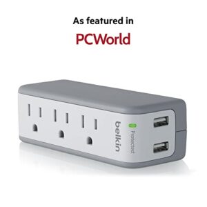 Belkin Wall Mount Surge Protector - 3 AC Multi Outlets & 2 USB Ports - Flat Rotating Plug Splitter - Wall Outlet Extender for Home, Office, Travel, Computer Desktop & Phone Charger - 918 Joules