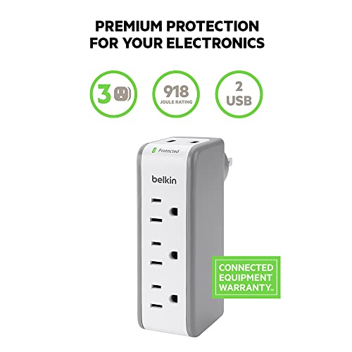 Belkin Wall Mount Surge Protector - 3 AC Multi Outlets & 2 USB Ports - Flat Rotating Plug Splitter - Wall Outlet Extender for Home, Office, Travel, Computer Desktop & Phone Charger - 918 Joules