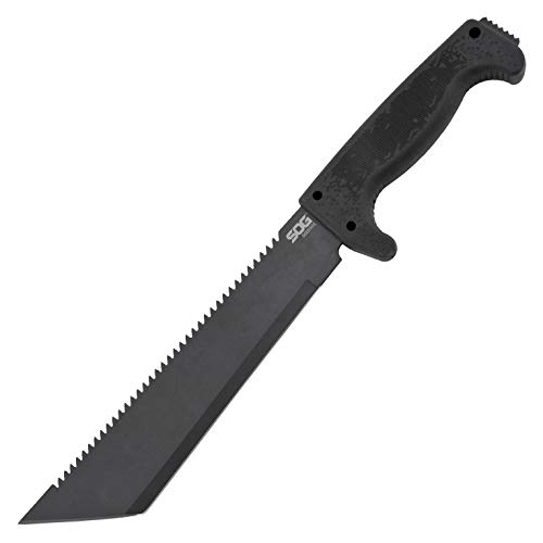 SOG SOGfari Tanto Machete- Survival Machete with 10 Inch Full Tang Blade,Camp Machete for Clearing Brush,Chopping Wood&Harvesting Crops,Spiked Tang Handle for Pounding&Scraping(MC04-N) ,Black