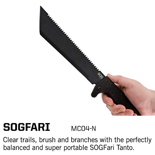 SOG SOGfari Tanto Machete- Survival Machete with 10 Inch Full Tang Blade,Camp Machete for Clearing Brush,Chopping Wood&Harvesting Crops,Spiked Tang Handle for Pounding&Scraping(MC04-N) ,Black